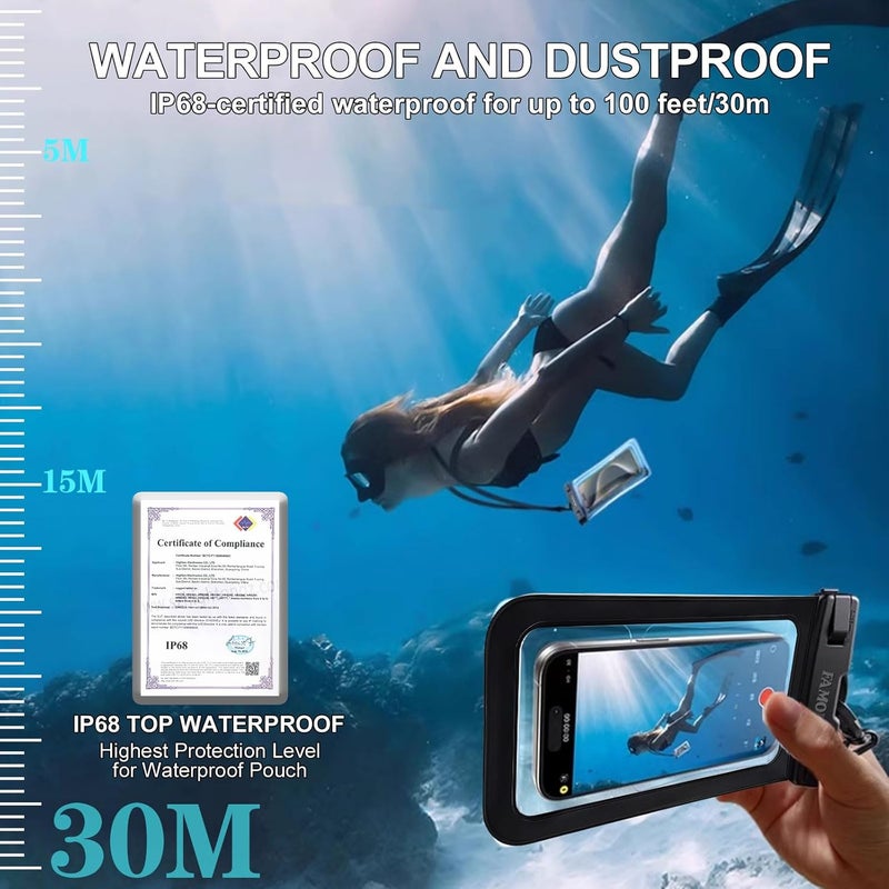 Famoby Up to 8.7" 6 Pack Multicolor Waterproof Phone Pouch, Large Phone Waterproof Case Dry Bag, Protection Level: IP68, Outdoor for Apple iPhone,Samsung,and More, Black,Blue,Pink,Orange,Yellow,Green - Image 4